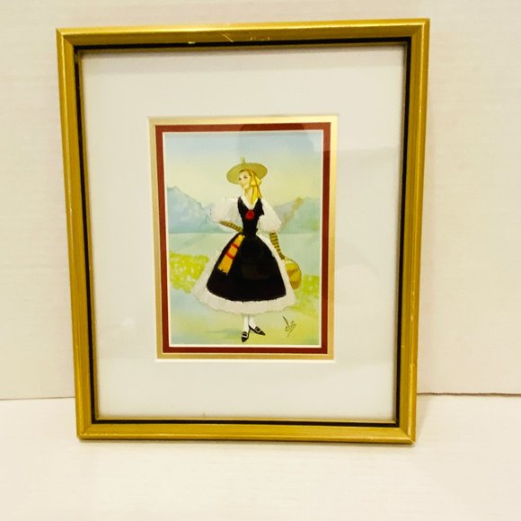 Rare Vintage Elsi Gumier Silk Embroidered Postcard 1960s Framed Glass - Picture 1 of 7